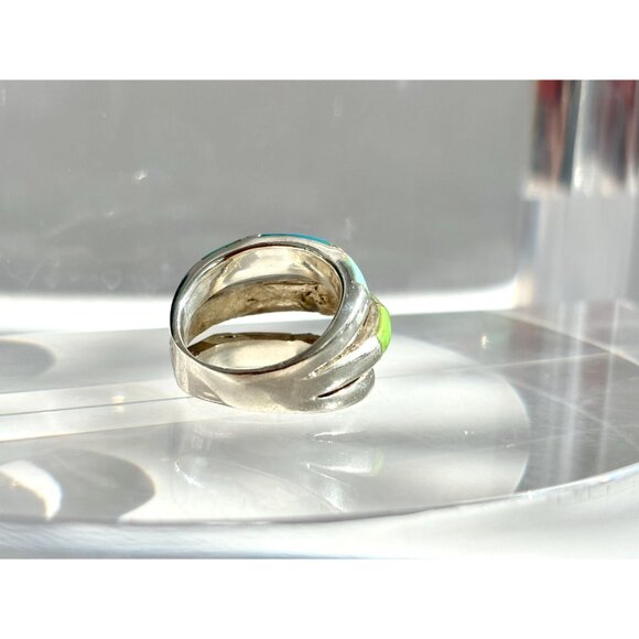 Navajo Style Turquoise & Coral Inlay Shank Vintage Unisex Ring - sz 5 - Picture 9 of 10